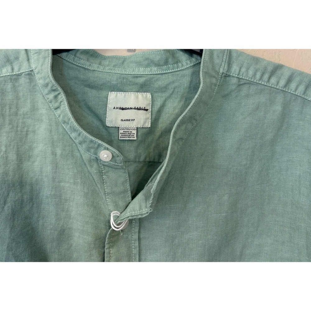 American Eagle Shirt Men XXL Green Mandarin Collar Button Down Linen Blend‎ NWOT - Picture 3 of 11